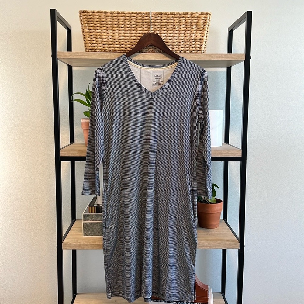 L.L. Bean Stretch Organic Cotton Jersey Long Sleeve Striped Dress w/Pockets, XS - Picture 1 of 7